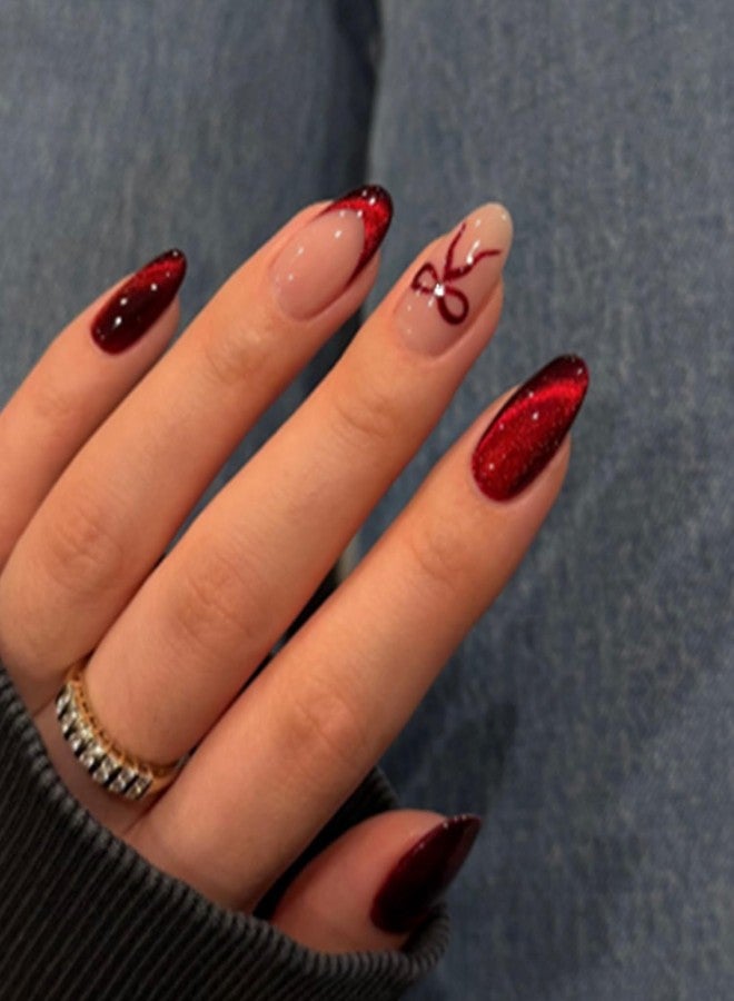 OSTTMA 24Pcs Almond Press on Nails Medium Red Fake Nails with 3D Rhinestones Bow Designs French Tip Acrylic Nails Glossy Elegant Red Stick on False Nails for Women DIY Manicure Decorations - Image 1
